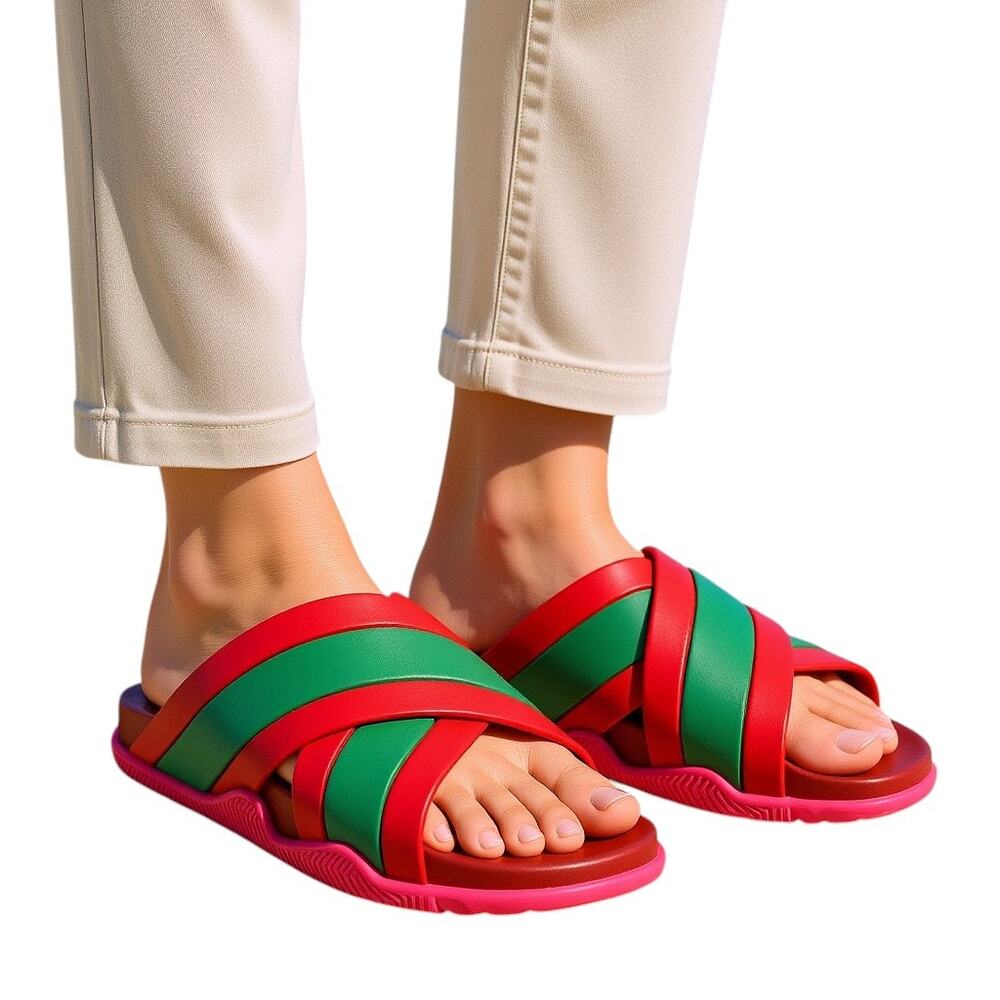 Gucci Colorblock Red Green Round Toe Rubber Slide Sandals, IT37/US7